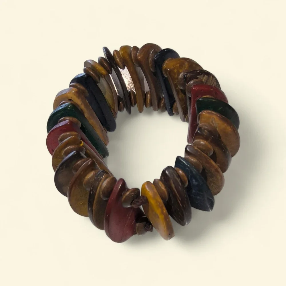 Vintage Coconut Shell Chunky Stretch Bracelet Boho Natural Wood Jewelry - Picture 3 of 5